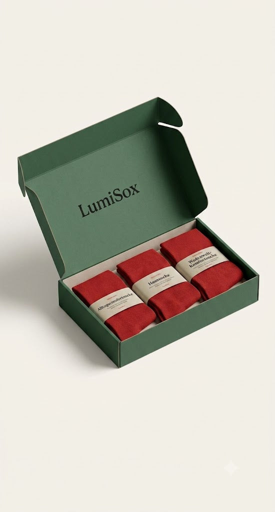 LumiSox Zorgbox — Luxe groene geschenkdoos met 3 paar rode comfortsokken